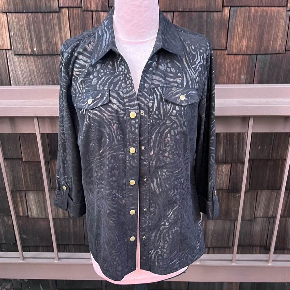 π΅ JM Collection Leopard print(metallic) black top jacket snap comfy shacket L - Picture 1 of 16